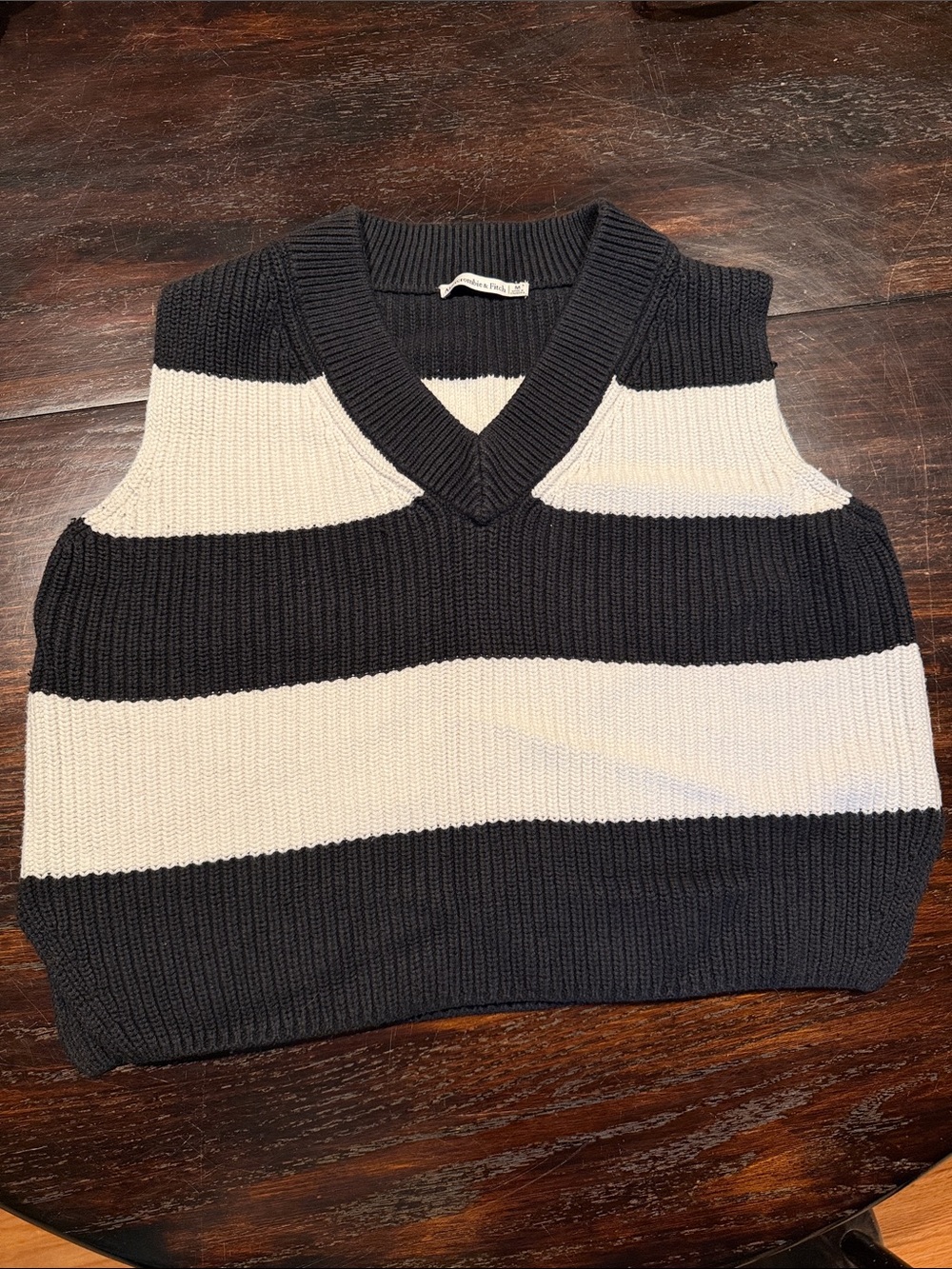 Abercrombie & Fitch Black and Cream Striped V-Neck Sweater Vest